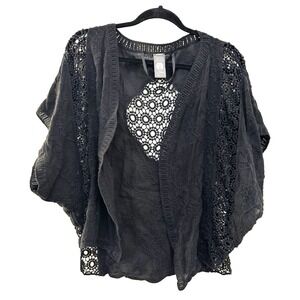 Vince Camuto Womans Fairy Grunge Embroidered Open Knit Cardigan One Size Black
